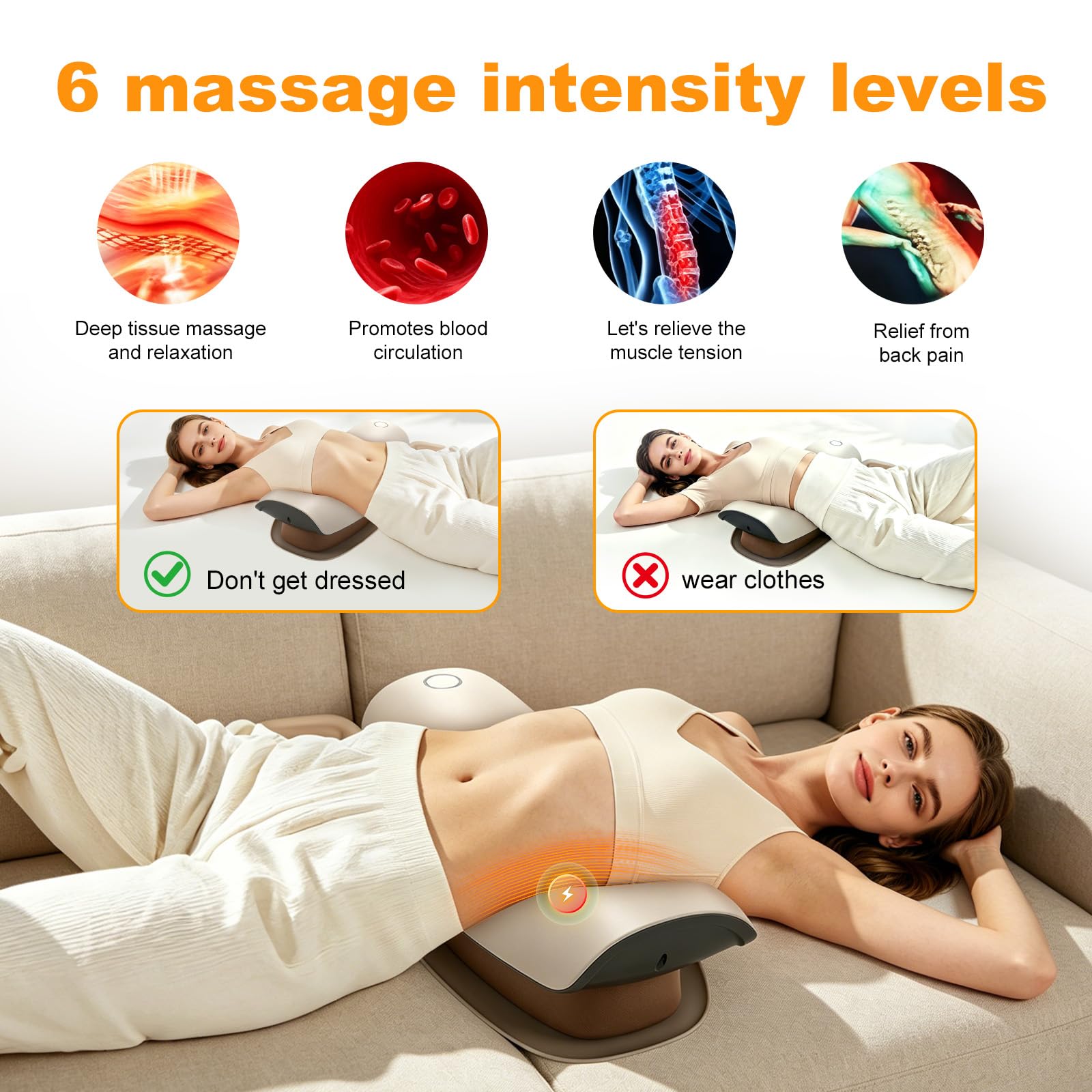 5 en 1 Appareil de Massage Lombaire électrique, 3 Niveaux Appareil de Massage Dorsal Sans Fil avec Traction 26°par Airbag, Compresse Chaude, Electrothérapie EMS à 6 Niveaux, Vibrations
