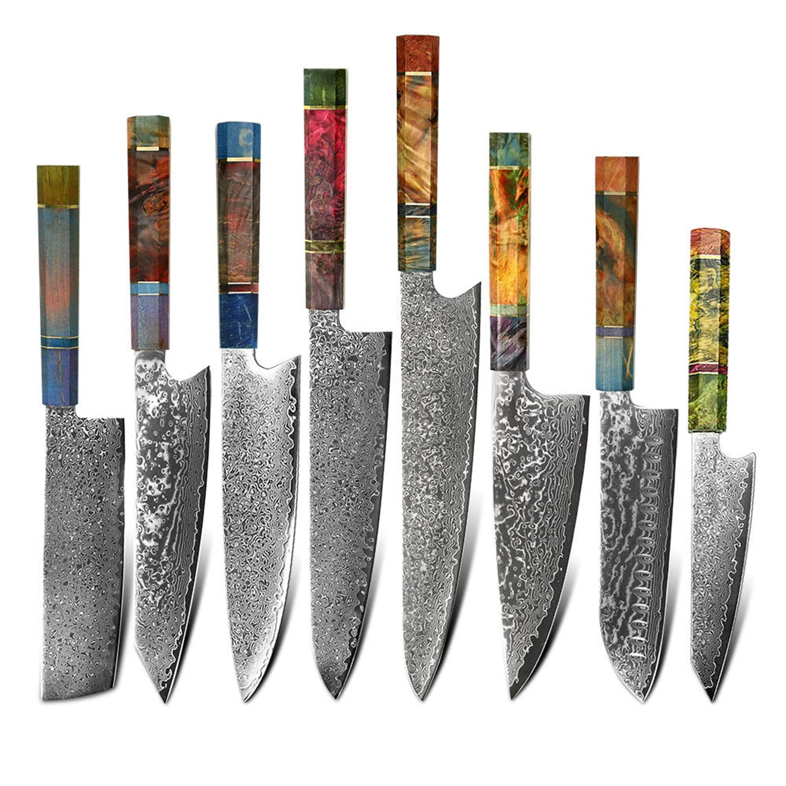 Damascus Steel Knife Set with Colored Wooden Handle 8 Piece Kitchen Accessories Dishwasher Safe Tool Utility Chef Santoku