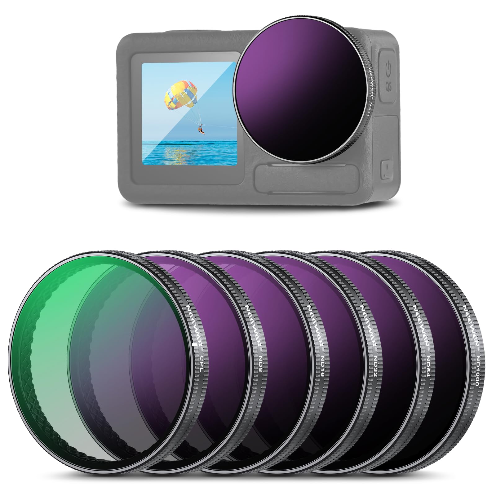 NEEWER ND Filter Set Compatible with DJI Osmo Action 3/4/5 Pro, Pack of 6 ND8+ND16+ND32+ND64+ND1000+CPL Neutral Density Filter Action Camera Accessories, Multi-Coated Optical HD Glass, FL-A78 Pack of 6 ND&CPL filter set