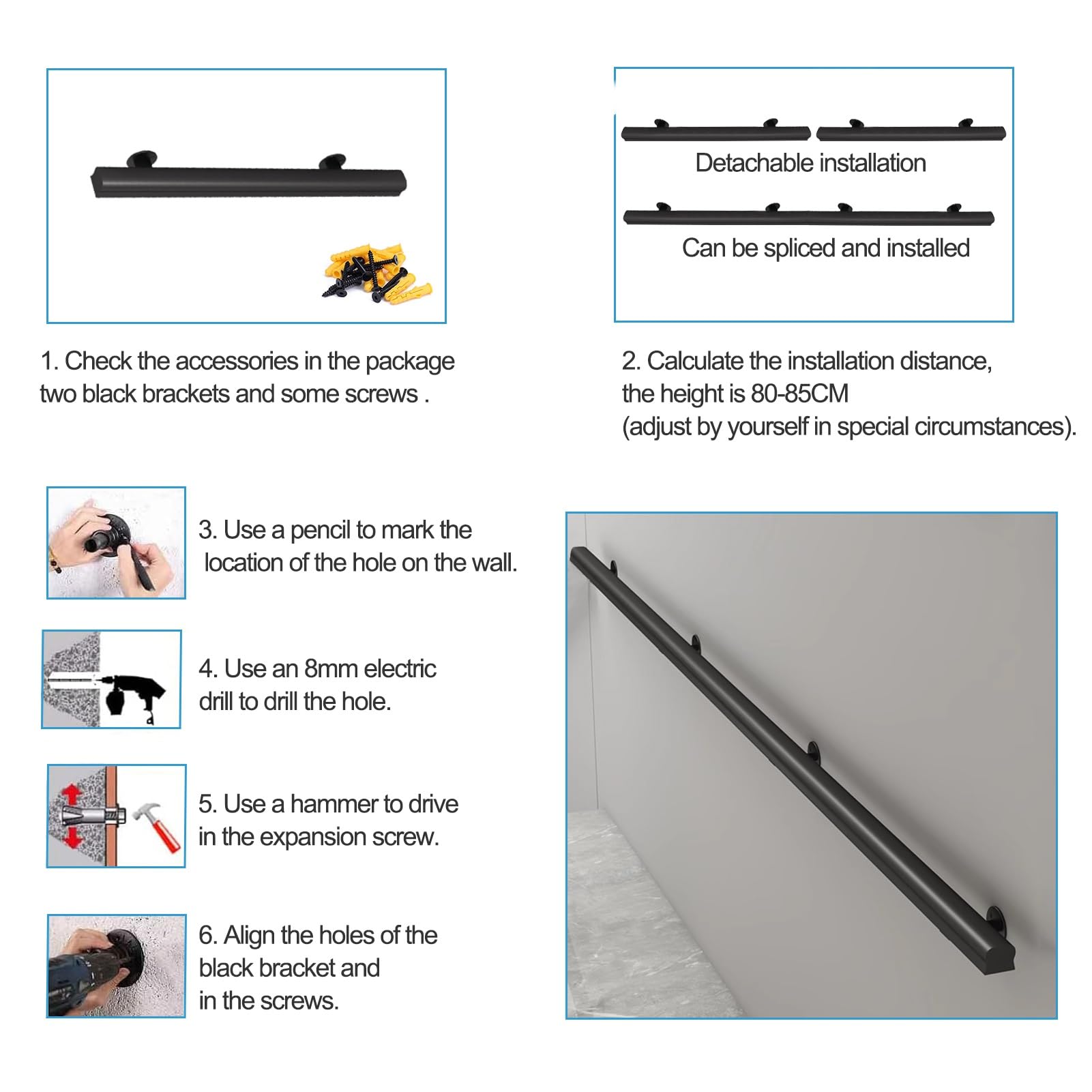 Corrimano in Legno per Scale 80 cm 1 m 120 cm 1,5 m Nero Decorazione Moderna Antiscivolo Robusto Supporto di Sicurezza Maniglia(30cm)