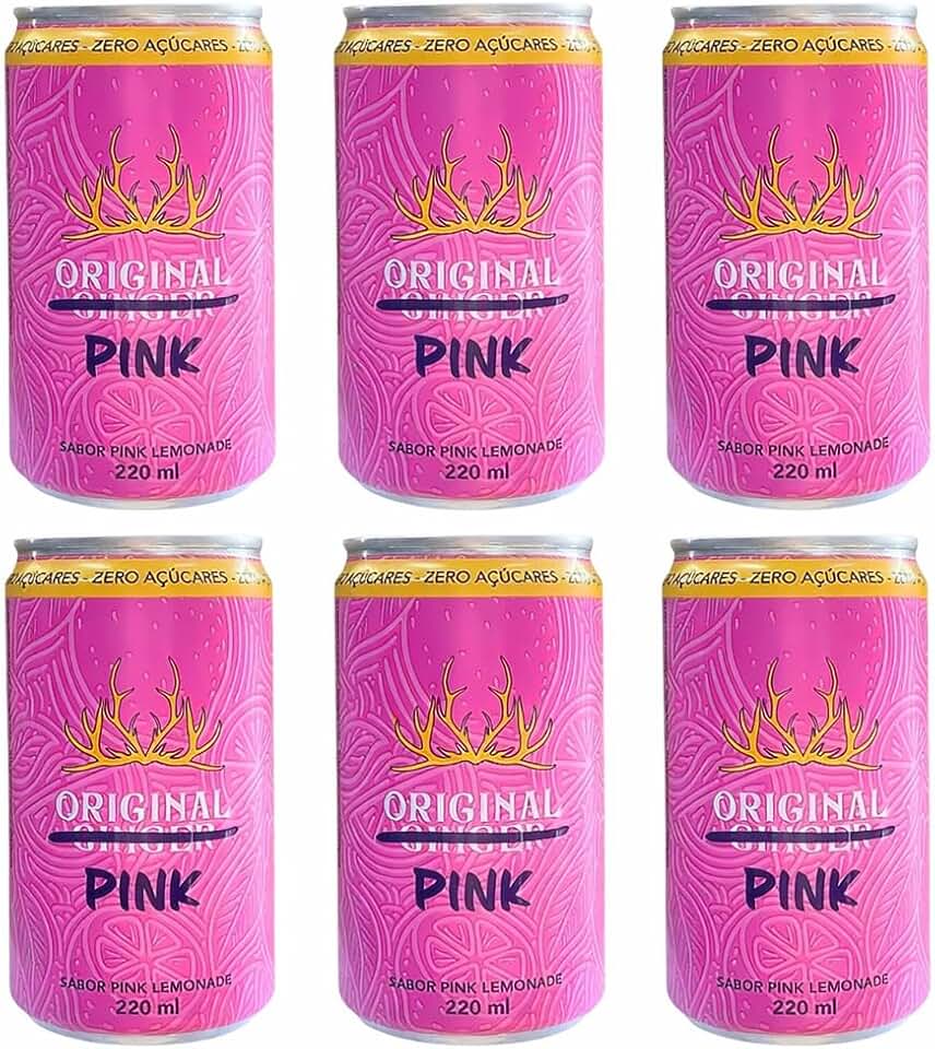 Original Ginger Refrigerante Pink Lemonade, Sabor Framboesa e Limão Zero Açúcar, 220ml, Pack com 6 Latas