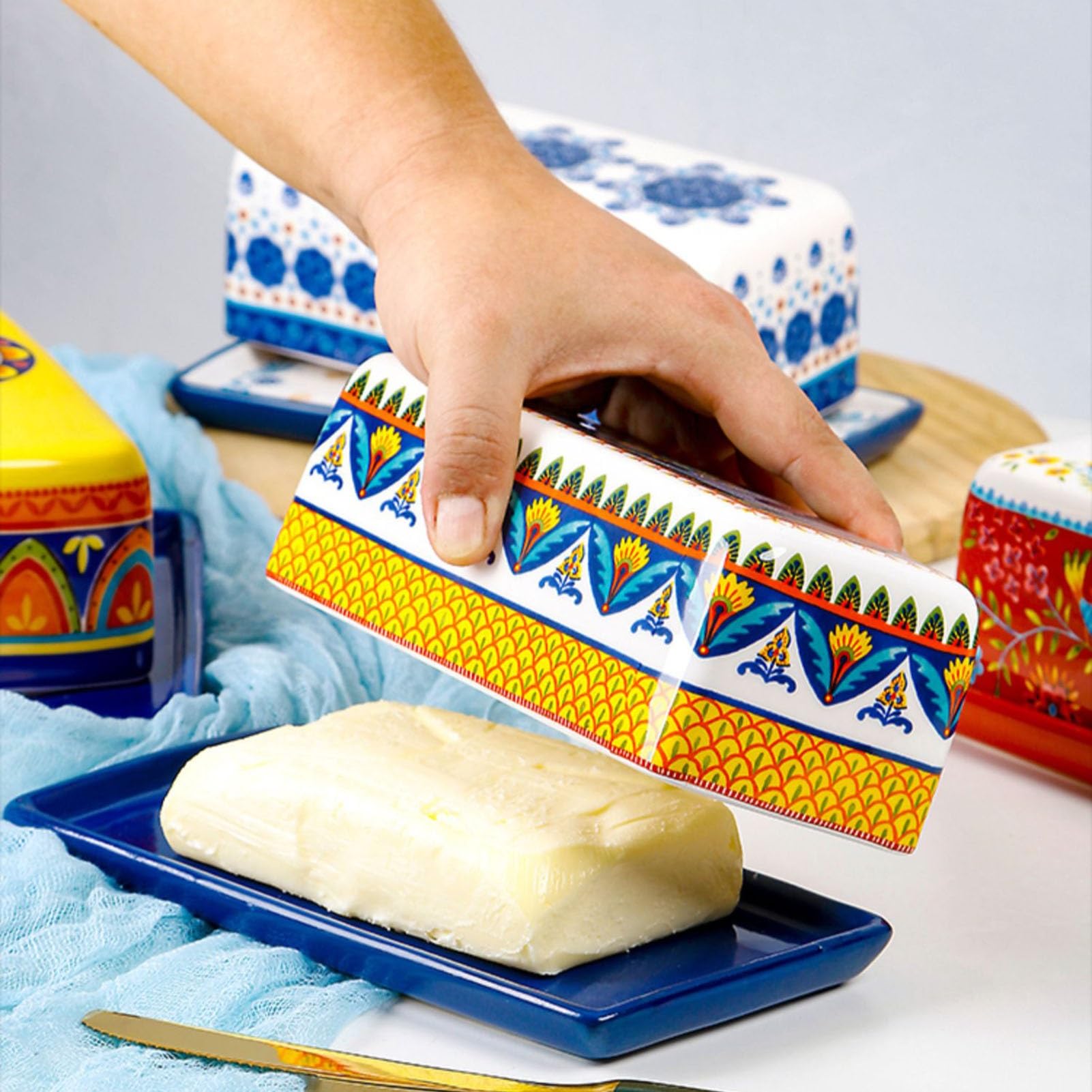 Beurrier Beurrier en porcelaine, plateau en céramique avec couvercle, pour cuisine(Multi-colored2)