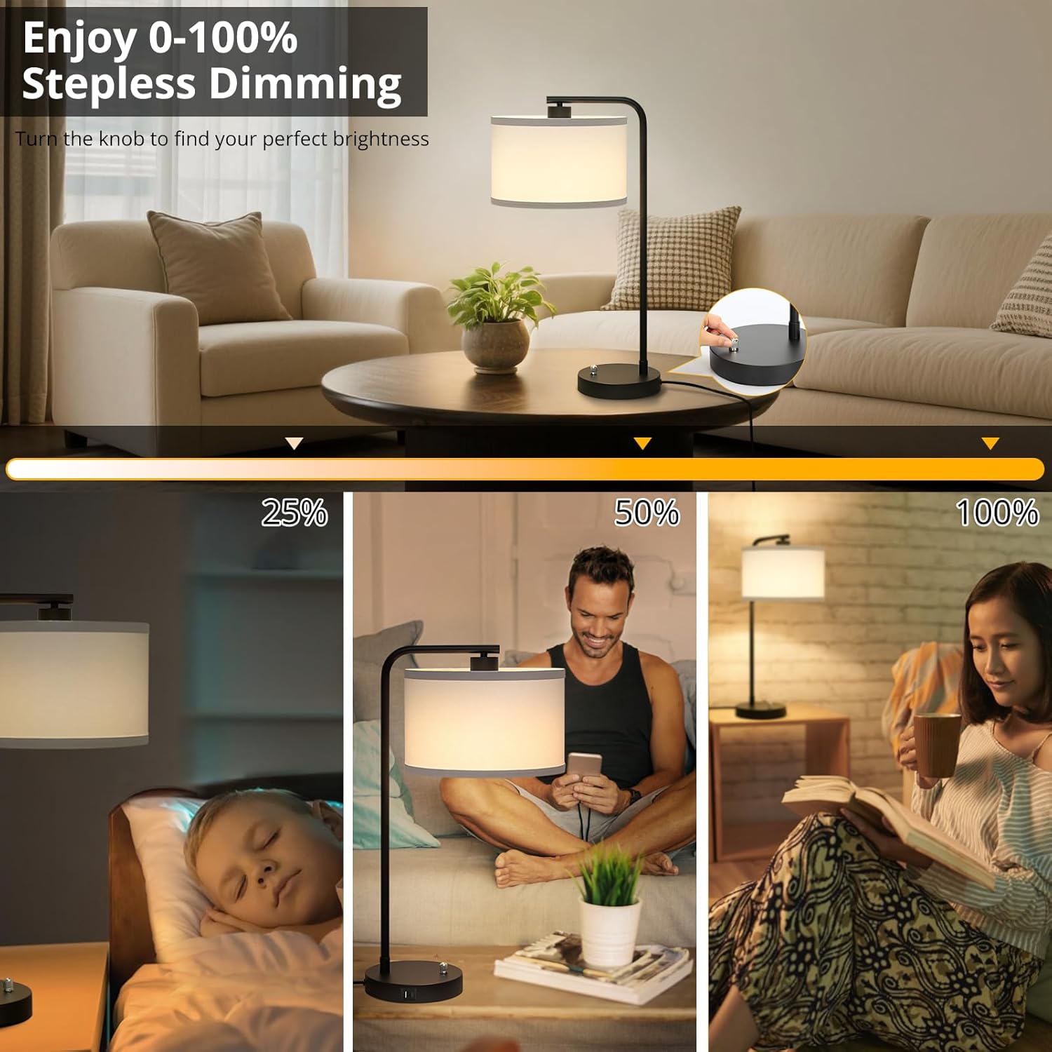 Seaside village Table Lamp for Bedroom with USB C+A Ports, Fully Stepless Dimmable Farmhouse Bedside Lamp Nightstand Light, Tall Reading Desk Lamp for Living Room, Office, 9W LED Bulb Included