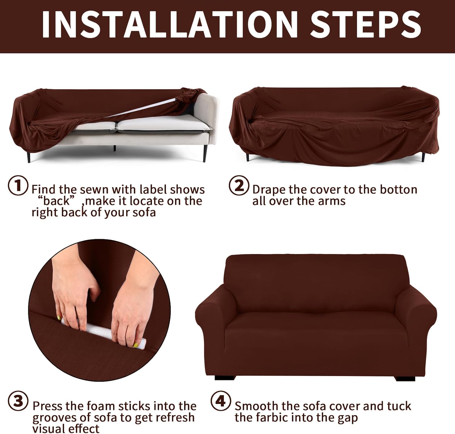 Peryiter 3 Pcs Slipcover Set for Couch Furniture Covers for Sofa Loveseat Couch Arm Chair, Form Fit Stretch, Wrinkle Free, Furniture Protector(Coffee Brown,Milk Silk Spandex)