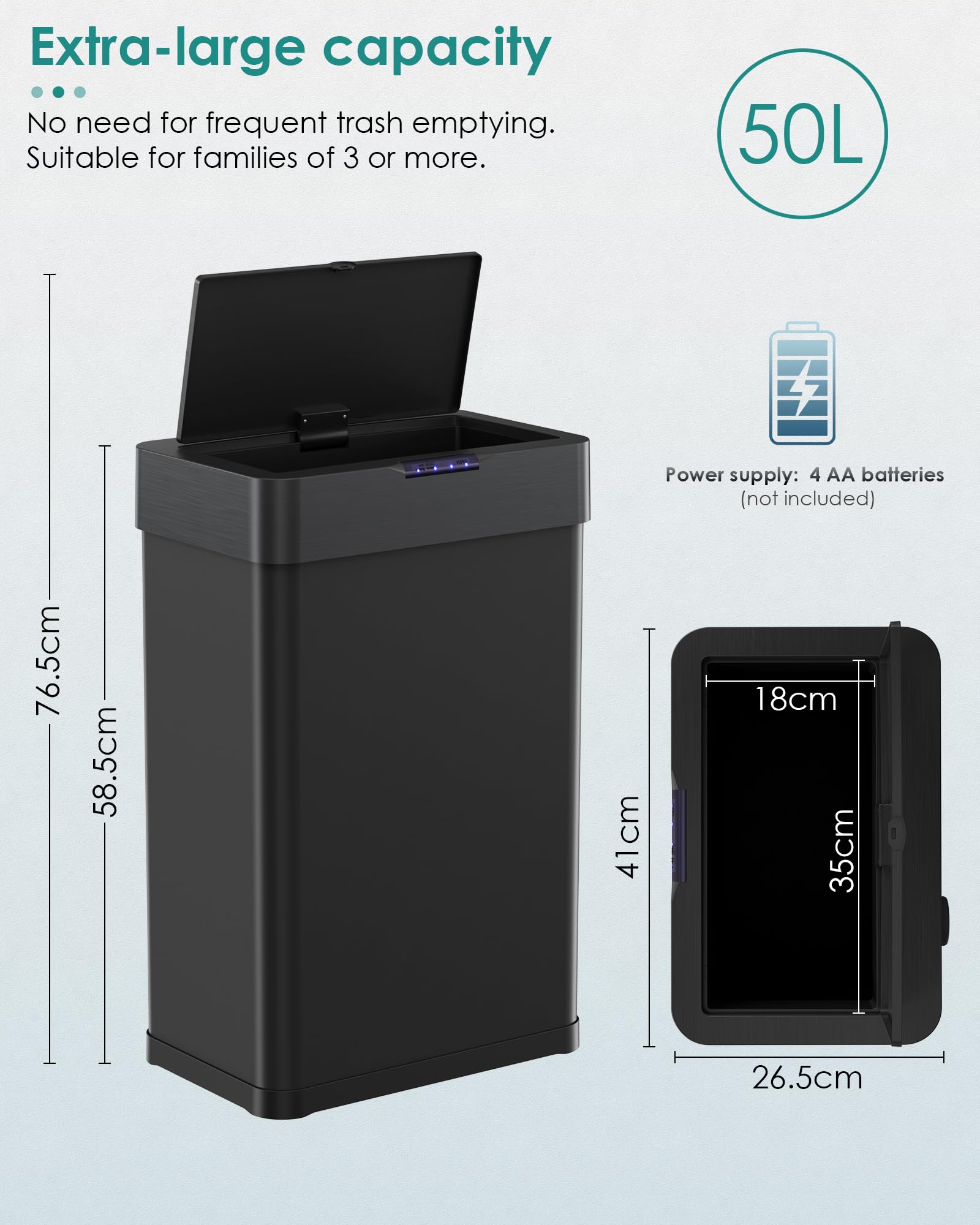 LIFERUN Mülleimer mit Sensor 50l, Mülleimer Küche 50 Liter,schwarz | automatischer Abfalleimer, Öffnen per Handbewegung oder Berühren, Softclose-Deckel, aus Edelstahl