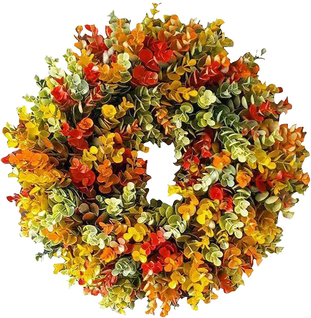 KASTWAVE Autumn Wreath Frame for Door Outside, Fall Eucalyptus House Wreath Rustic Wreaths for Wall Window Wedding Party Decor Thanksgiving Wreath Garden Home Decorations Festival Celebration
