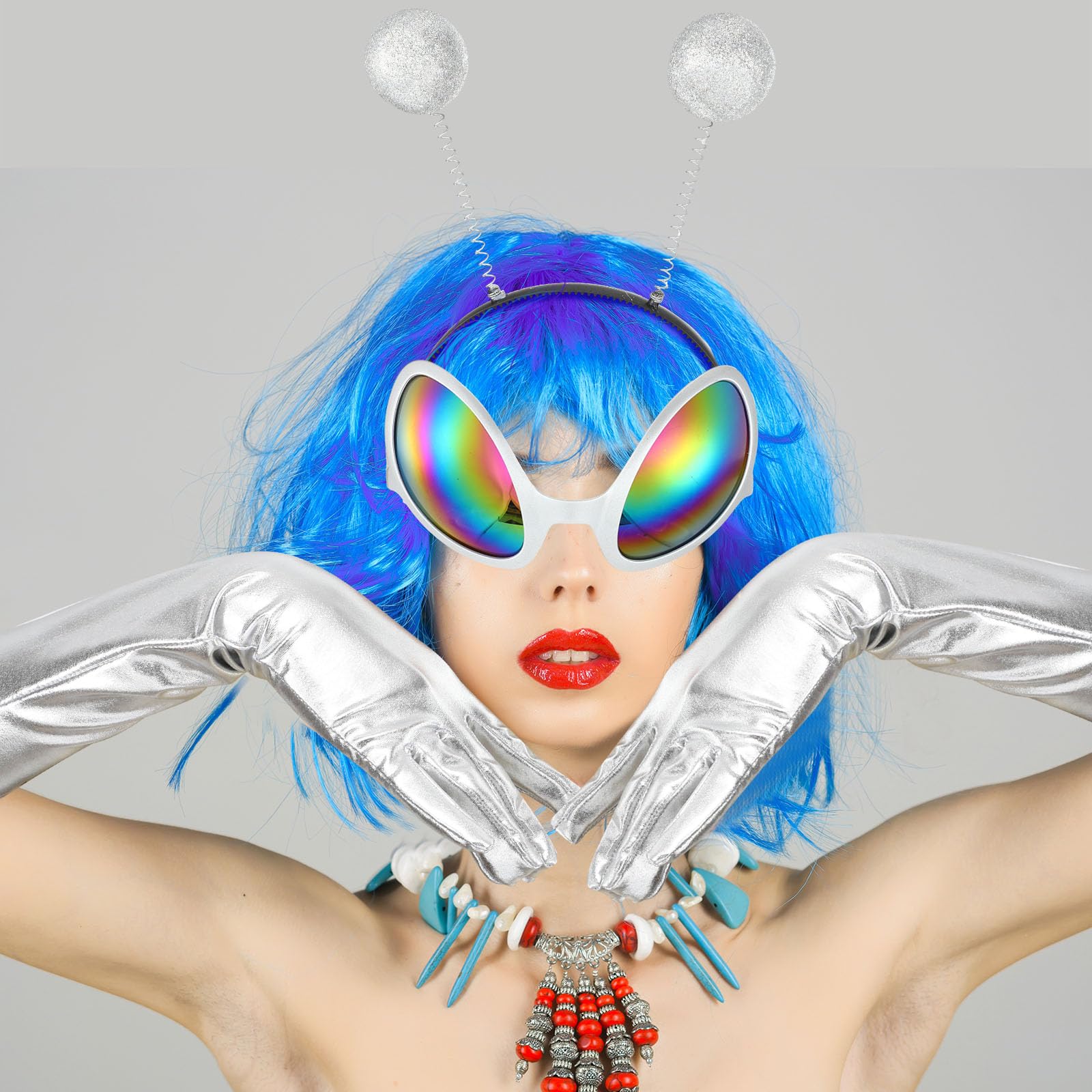 Kanayu 6pcs Halloween Alien Costume for Women alien headband adult kids Martian Antenna Alien Glasses Metallic Gloves(Silver)