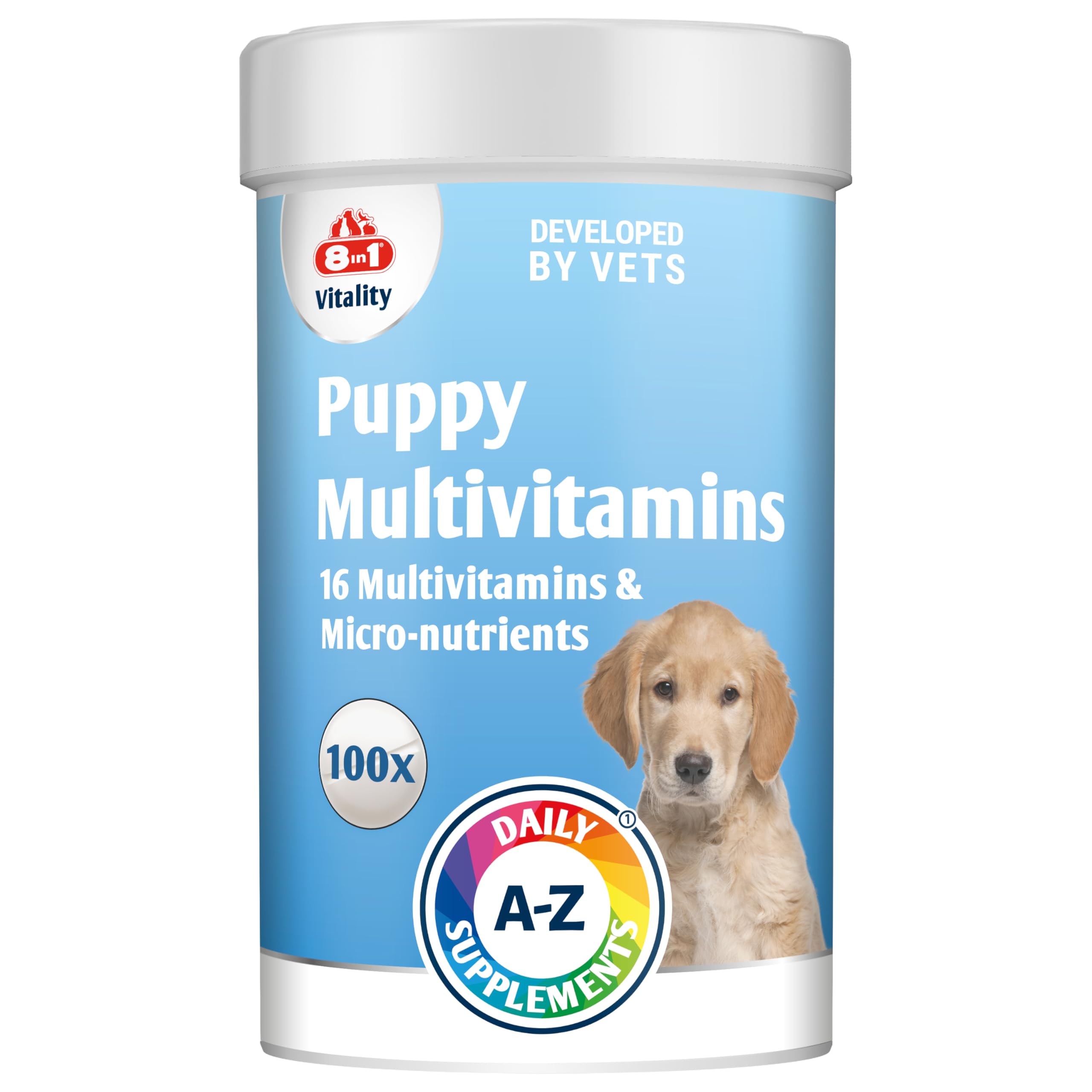 Puppy Multivitamins Nutritional Supplement - 11 multivitamins and 5 micronutrients - 100 tablets - for healthy growth, strong bones and immunity