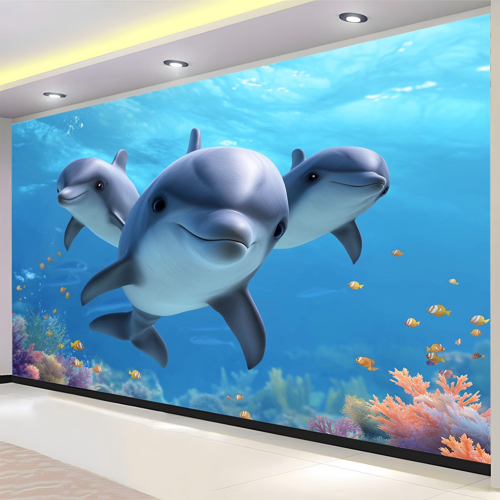 Fototapeta z efektem 3D, 350 x 256 cm (szer. x wys.), tapeta ścienna, niebieska, tapeta ścienna - śliczne morze, zwierzęta, delfiny, tapeta z włókniny, tapeta z wzorem do salonu, sypialni, biura