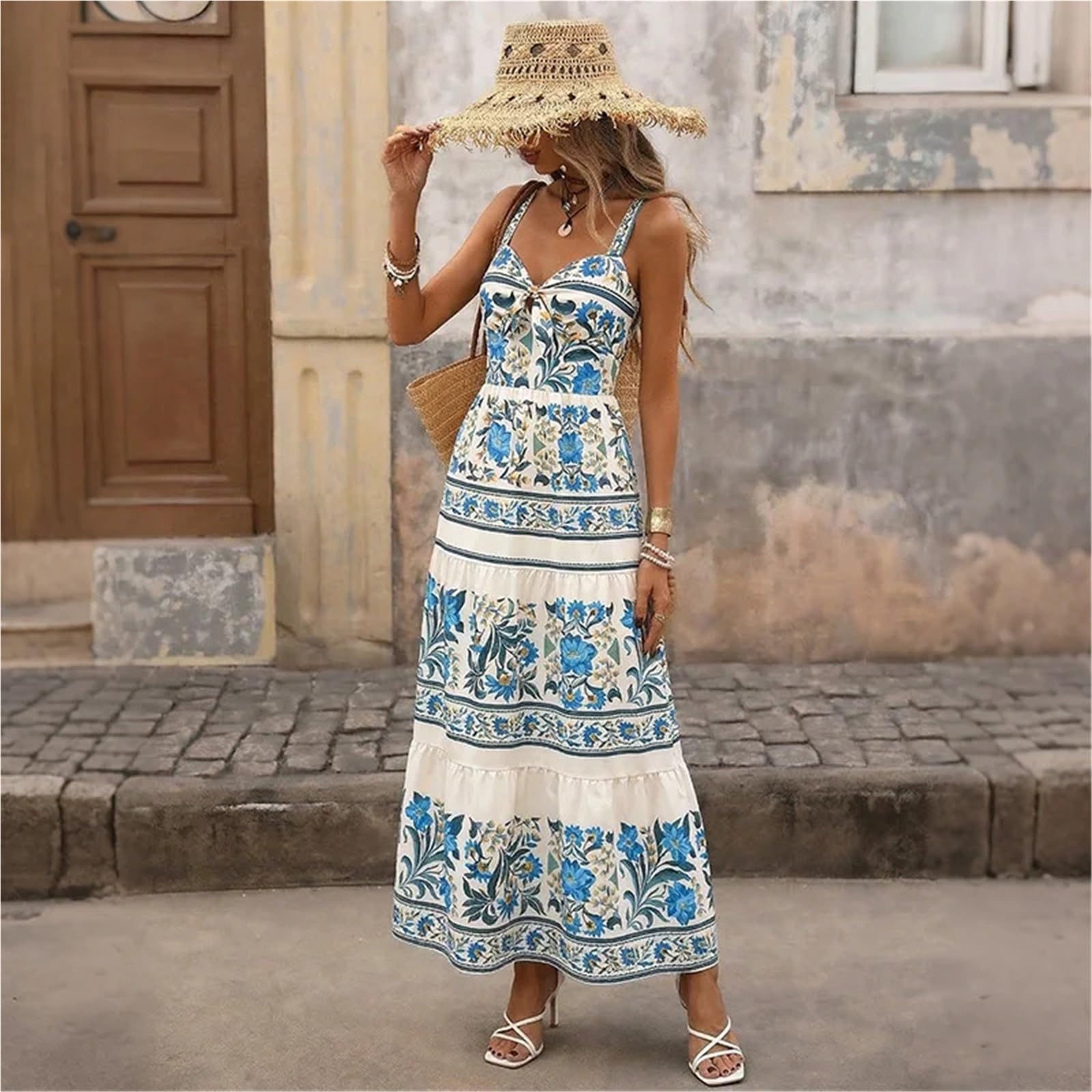 Vestido de Playa Verano Estilo Bohemio Halter Estampado étnico Largo Mujer Adecuado for Vacaciones