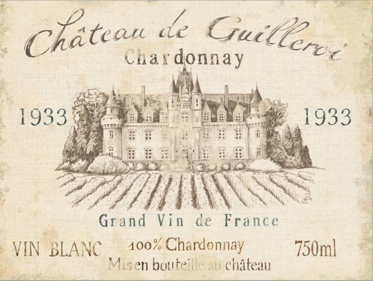 ART.COM Stretched Canvas Print French Wine Label IV Cream by Daphne Brissonnet, 16" x 12"