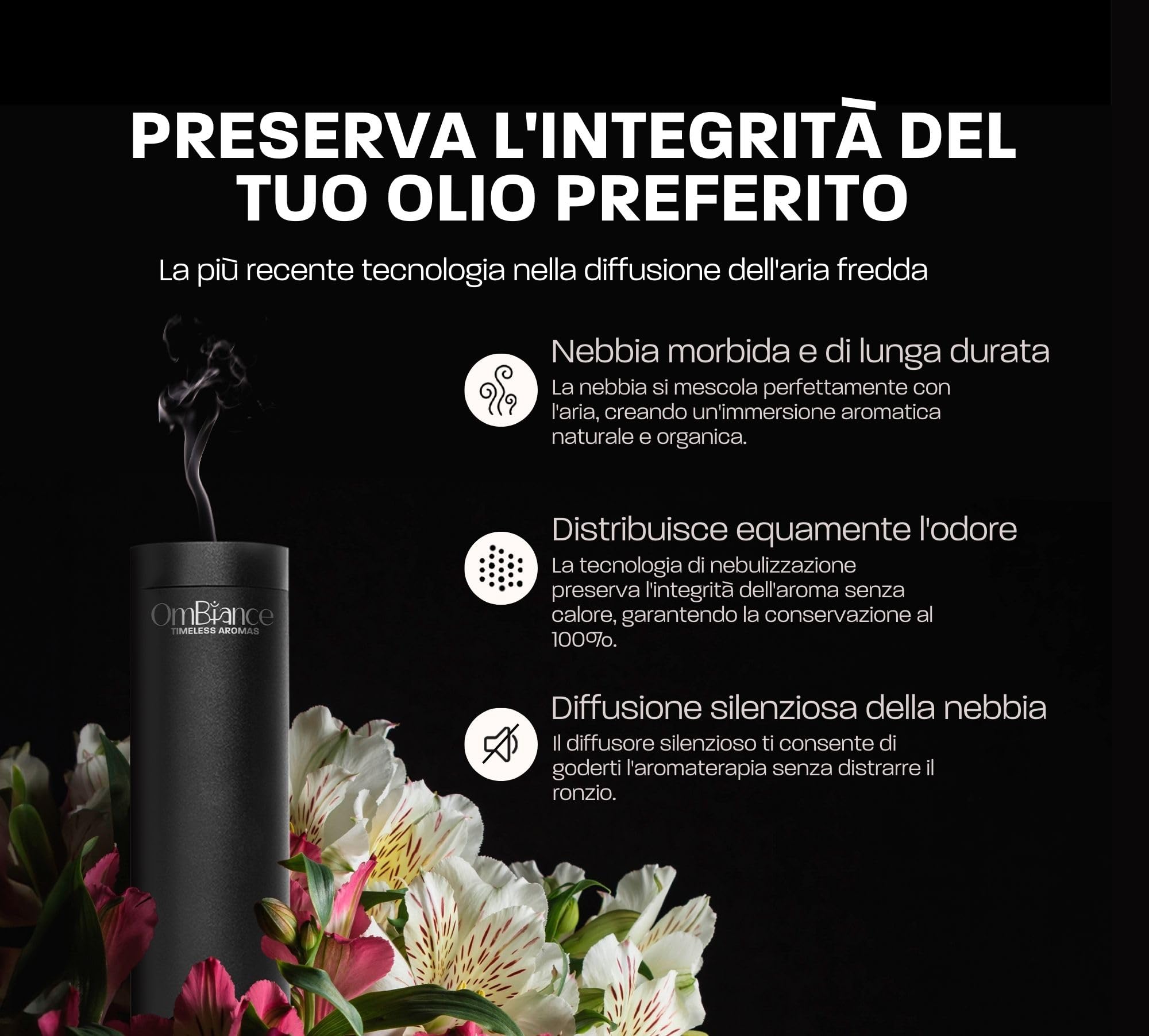 Diffusore di Oli Essenziali Senza Acqua e Calore | Nebulizzazione Oli Essenziali, proprietà preservate | Umidificatore Ambiente per casa diffusore Oli Essenziali | App-Control (300m³, Nero)