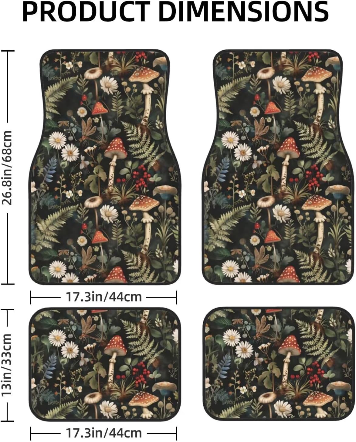 Hippie Mushroom Print Car Floor Mats for Front & Rear Cute Carpet Full Set of 4 Car Truck SUV Floor Mats Green Leaf Liners Carpet, All Weather Heavy Duty Floor Protection. Floral Daisy