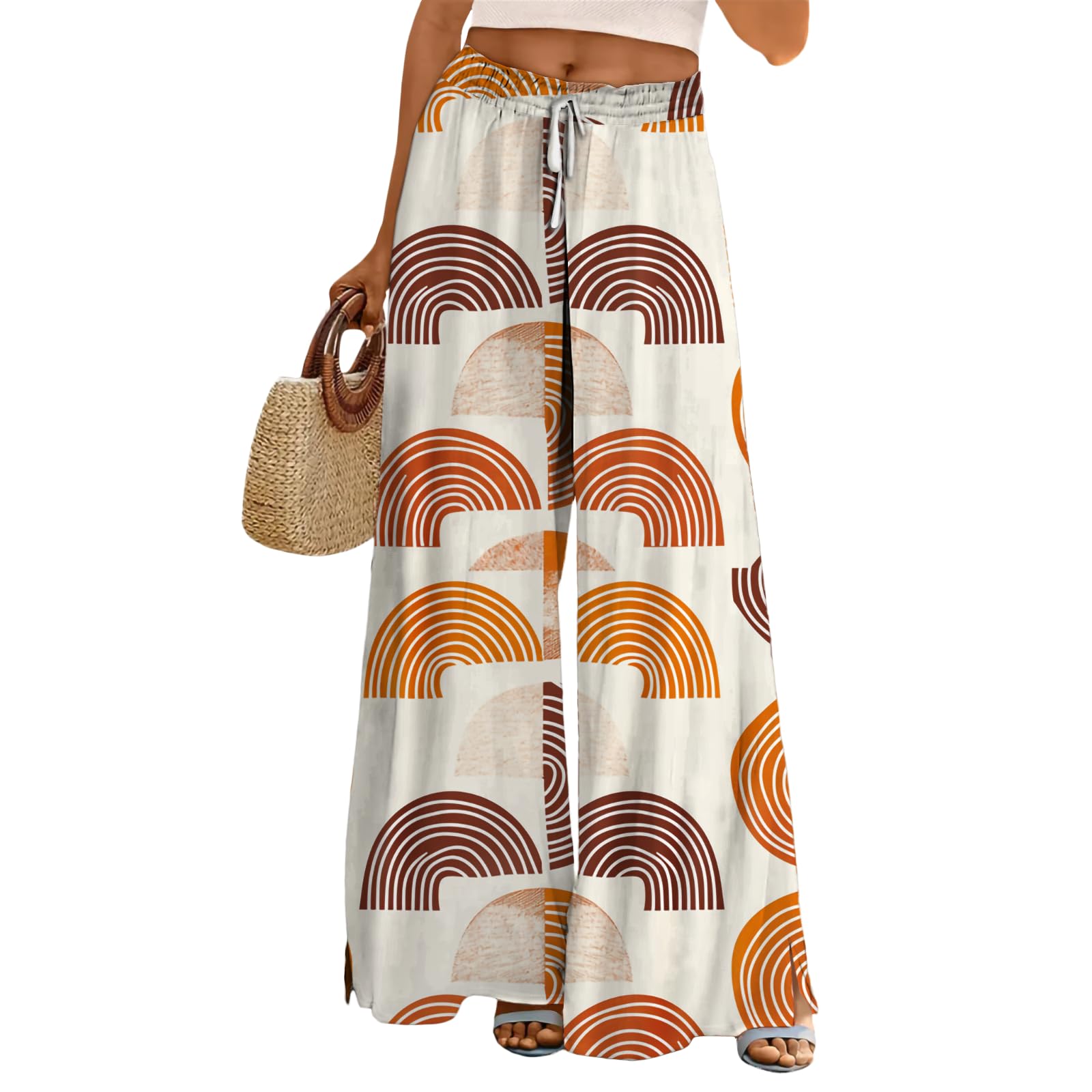 Straight Leg Trousers for Women Boho Elastic High Waisted Drawstring Flowy Lounge Oversized Hawaiian Pants