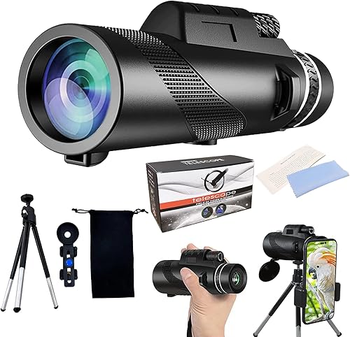 Telescopio monocular de 80 x 100, telescopio monocular de alta potencia para adultos, con adaptador para teléfono inteligente y trípode de metal,