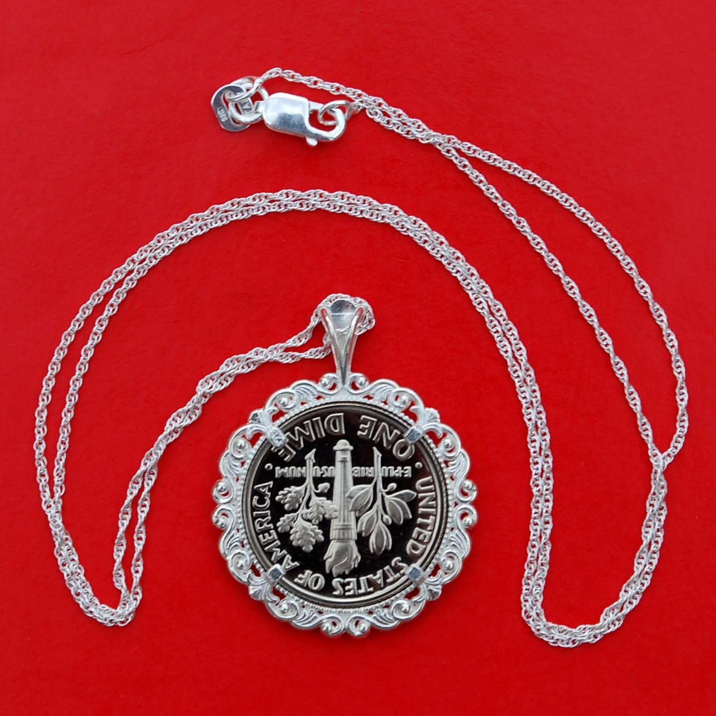 US 1971 Roosevelt Dime Gem BU Uncirculated Proof Coin Soild 925 Sterling Silver Necklace w. 18" Sterling Silver Chain NEW