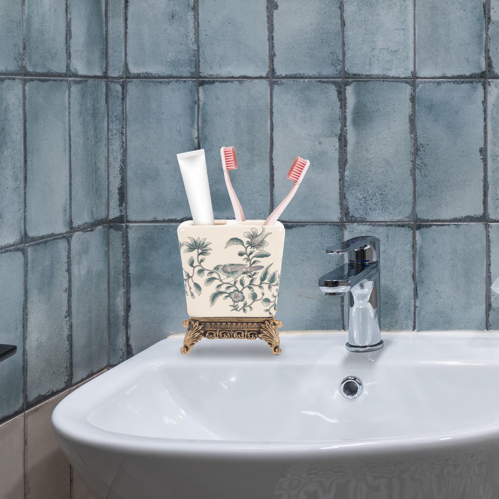 Porta Spazzolini in Ceramica Vintage Europeo da Tavolo | Base in Resina, Design Portatile Multifunzionale, Uso Cucina e Bagno Domestico