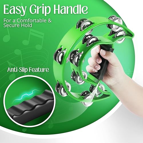 Miniatura 8 de Flexzion - Pandereta de metal en forma de media luna con sonajas de doble fila, instrumentos de percusión de mano con mango ergonómico, panderetas