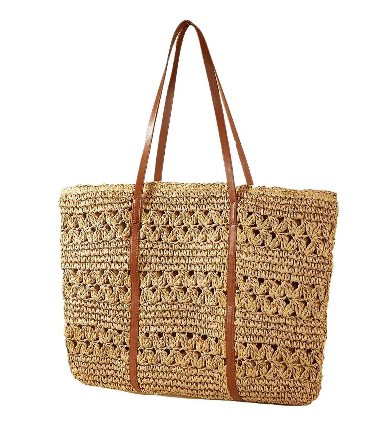 Sac de Plage d'été Sac De Plage en Paille pour Femmes, Fourre-Tout Tissé De Plage D'été avec Fermeture Éclair La Date et Les Vacances(Color:Camel)