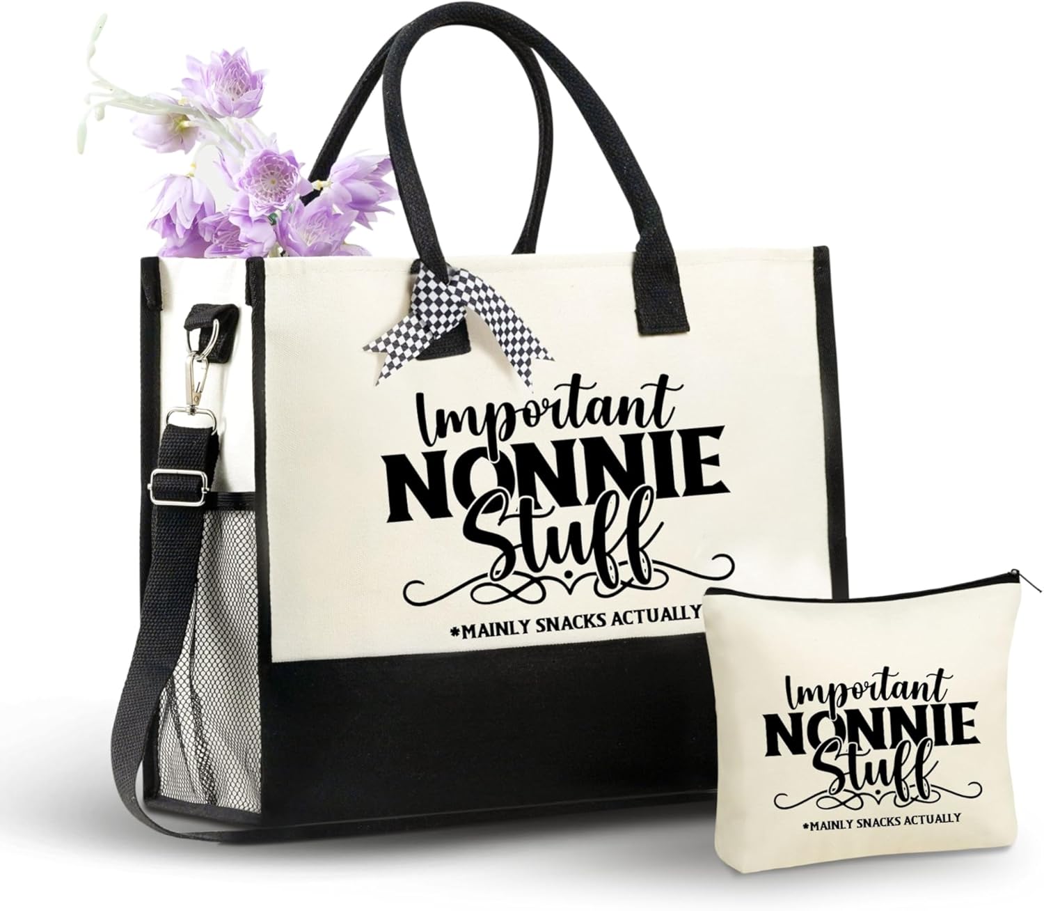 InnoBeta Nonnie Gifts Canvas Tote Bag for Grandma, Important NONNIE Stuff Bag with Top Zipper Closure and Shoulder Strap for Birthday, Mother's Day, Christmas