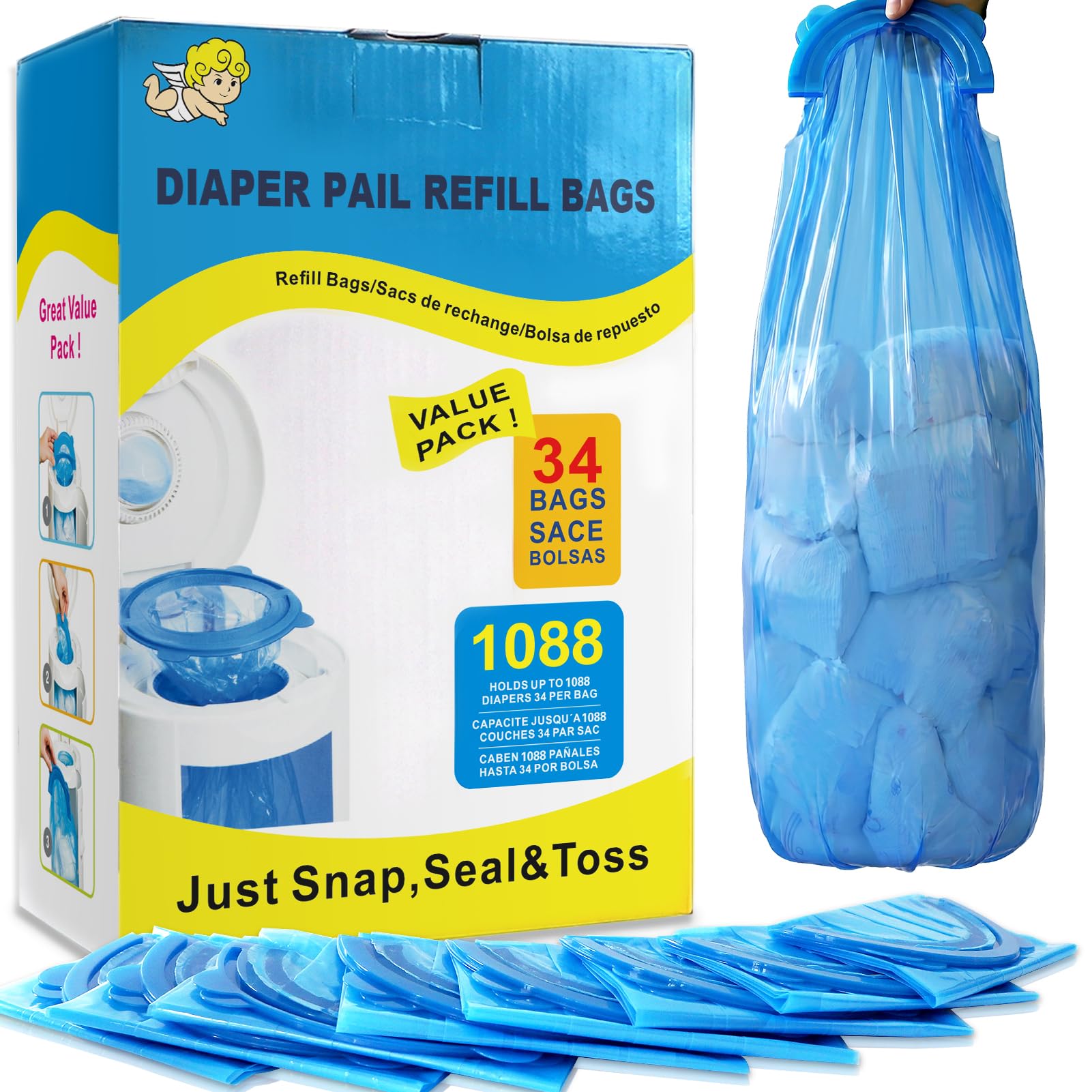 Nappy Bin Refill Bags, 32 Bags, Holds 1020 Pieces, Compatible with Arm&Hammer Nappy Bin Disposal System-image-48