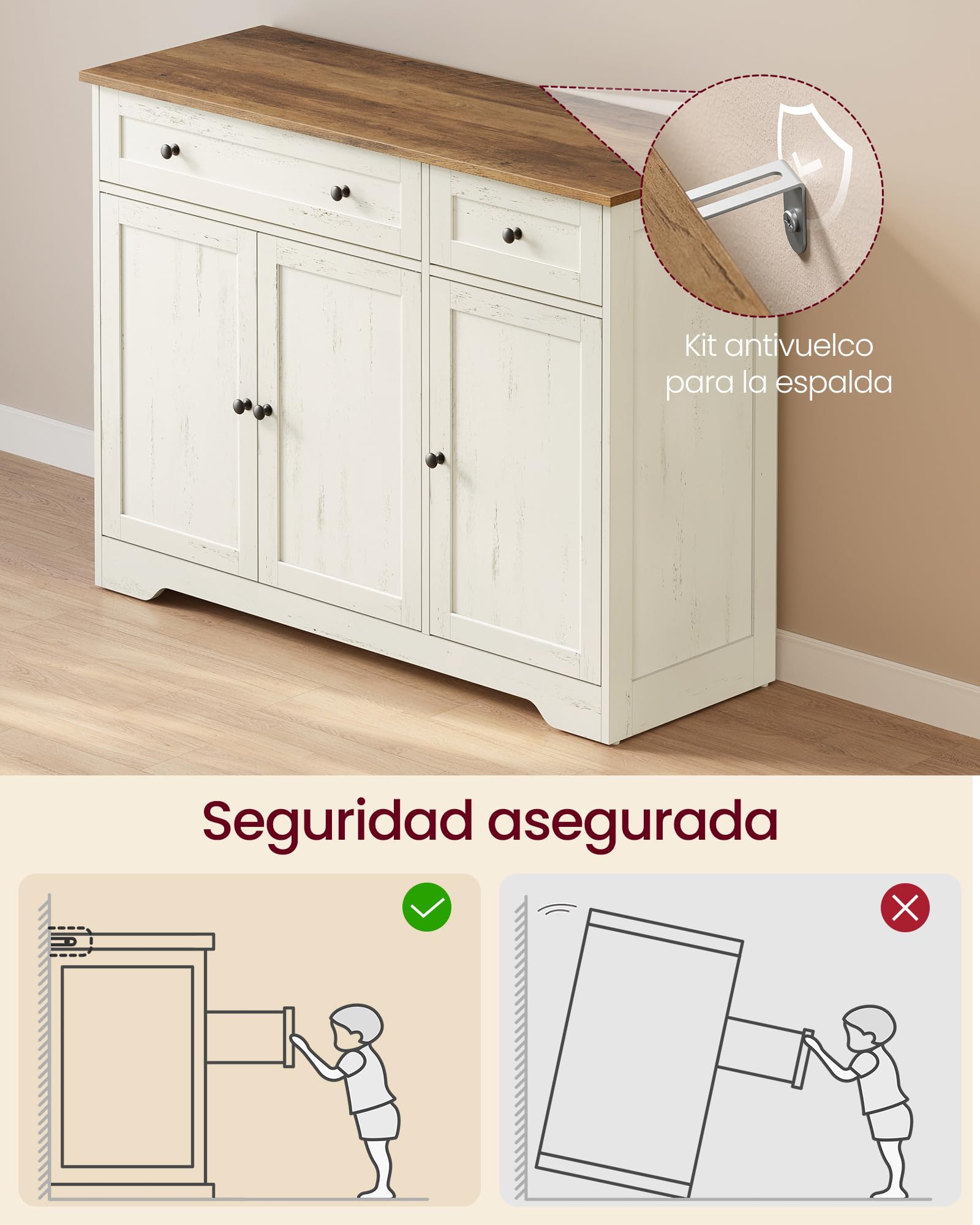 VASAGLE Siren Colección - Aparador, Armario Almacenaje, con 2 Cajones y Estantes Ajustables, 3 Puertas, Rincón de Café, 40 x 106,8 x 80 cm, Blanco Rústico LSC531WJ01