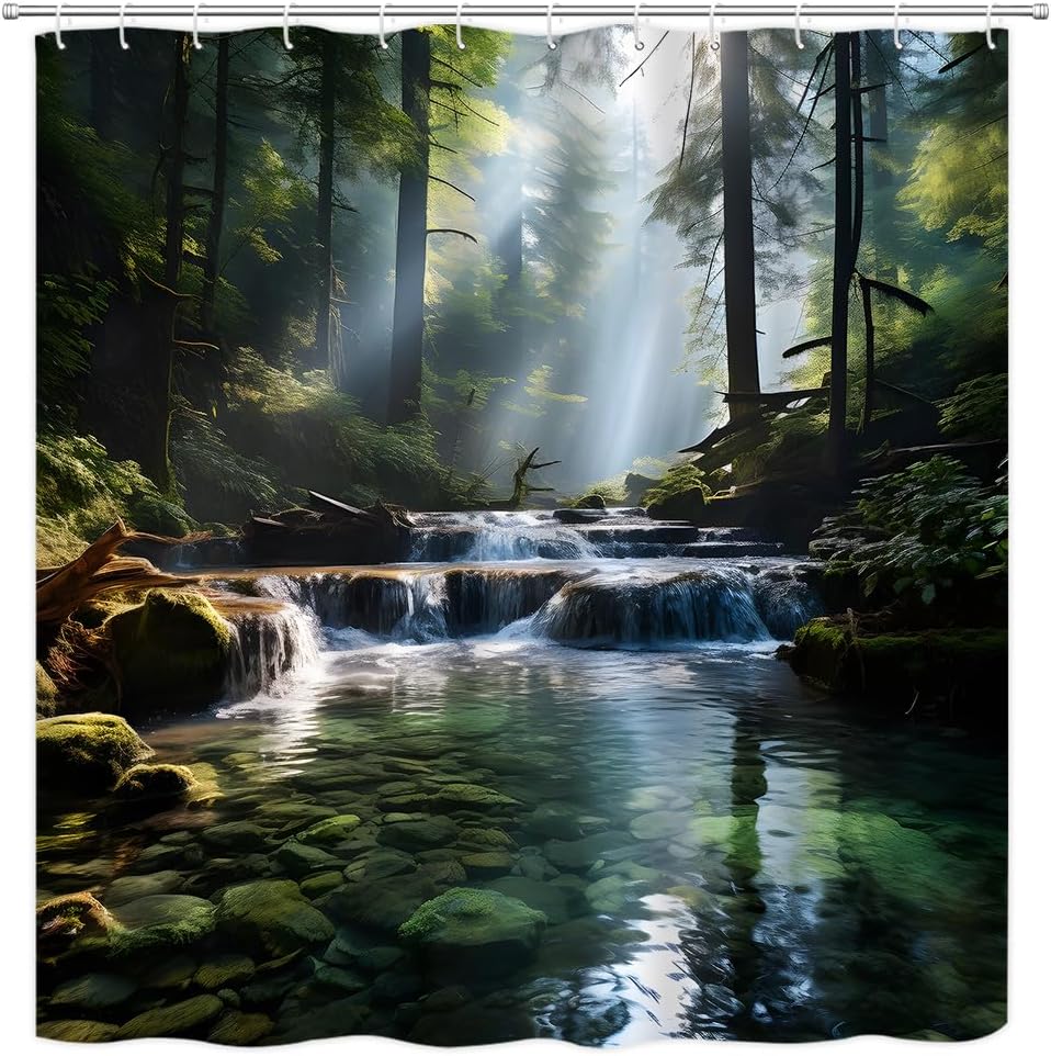 Misty Forest Shower Curtain Waterfall Green Tree Tropical Rainforest Lake Fog Jungle Nature Landscape Spring Summer Theme Polyester Curtains Bathroom Decor with Hooks 84" Wx70 H