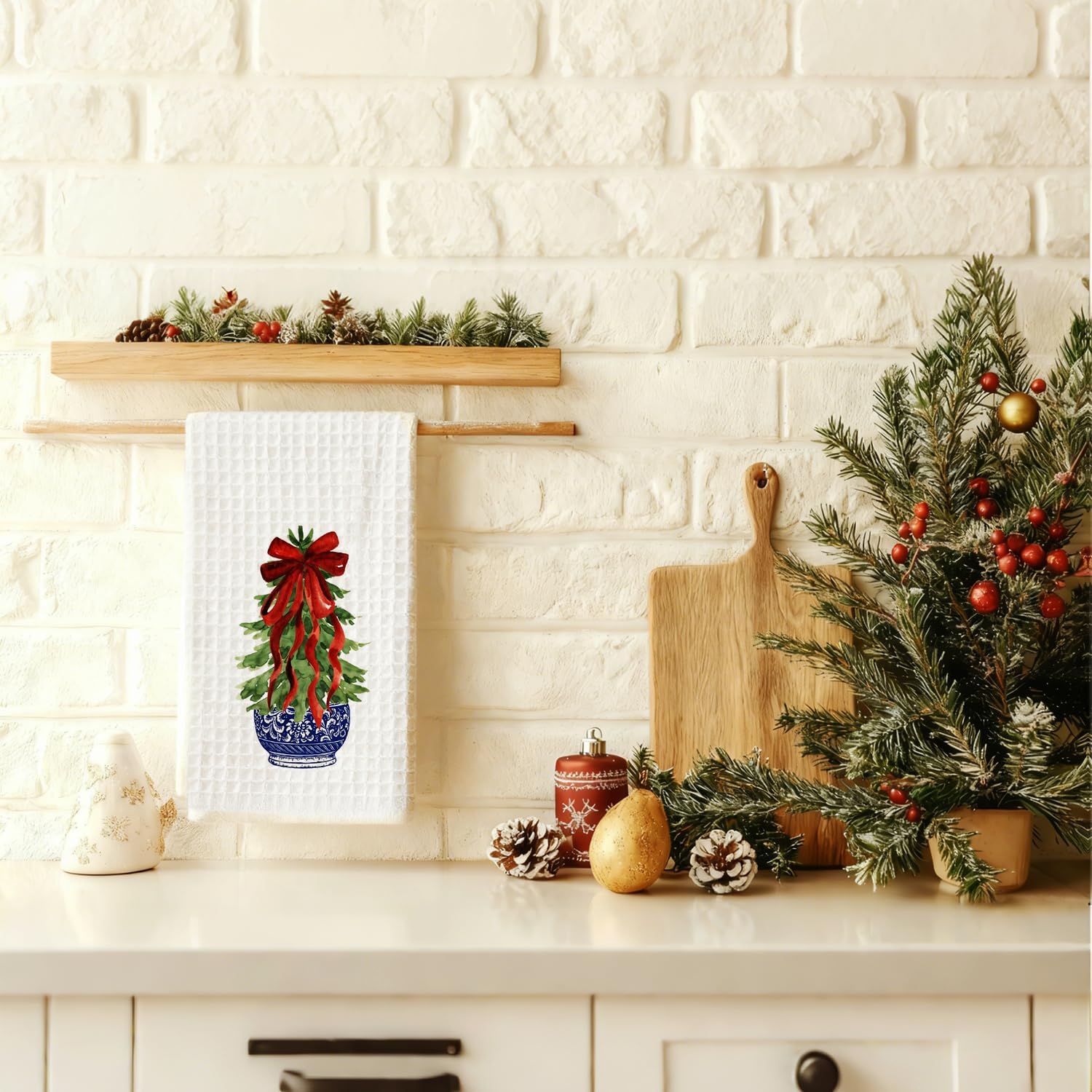 Blue Chinoiserie Tree Kitchen Towels, Grandmillennial Decorative Hand Tea Towels for Bathroom, Coquette Red Bow Xmas Dish Towel Dishcloth, 16x24 Inch - Image 2