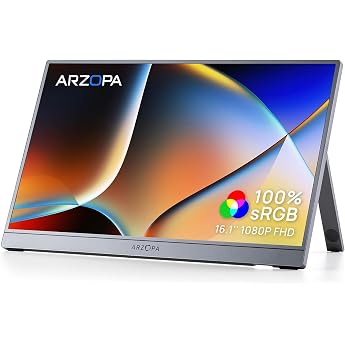 ARZOPA Portable Monitor 16.1 Inch 100% sRGB Portable Monitor for Laptop FHD 1080P HDR Space Grey Ultra Slim with IPS Display & Stand USB-C HDMI for Laptop Mac PS5 Xbox Switch-Z1C Grey