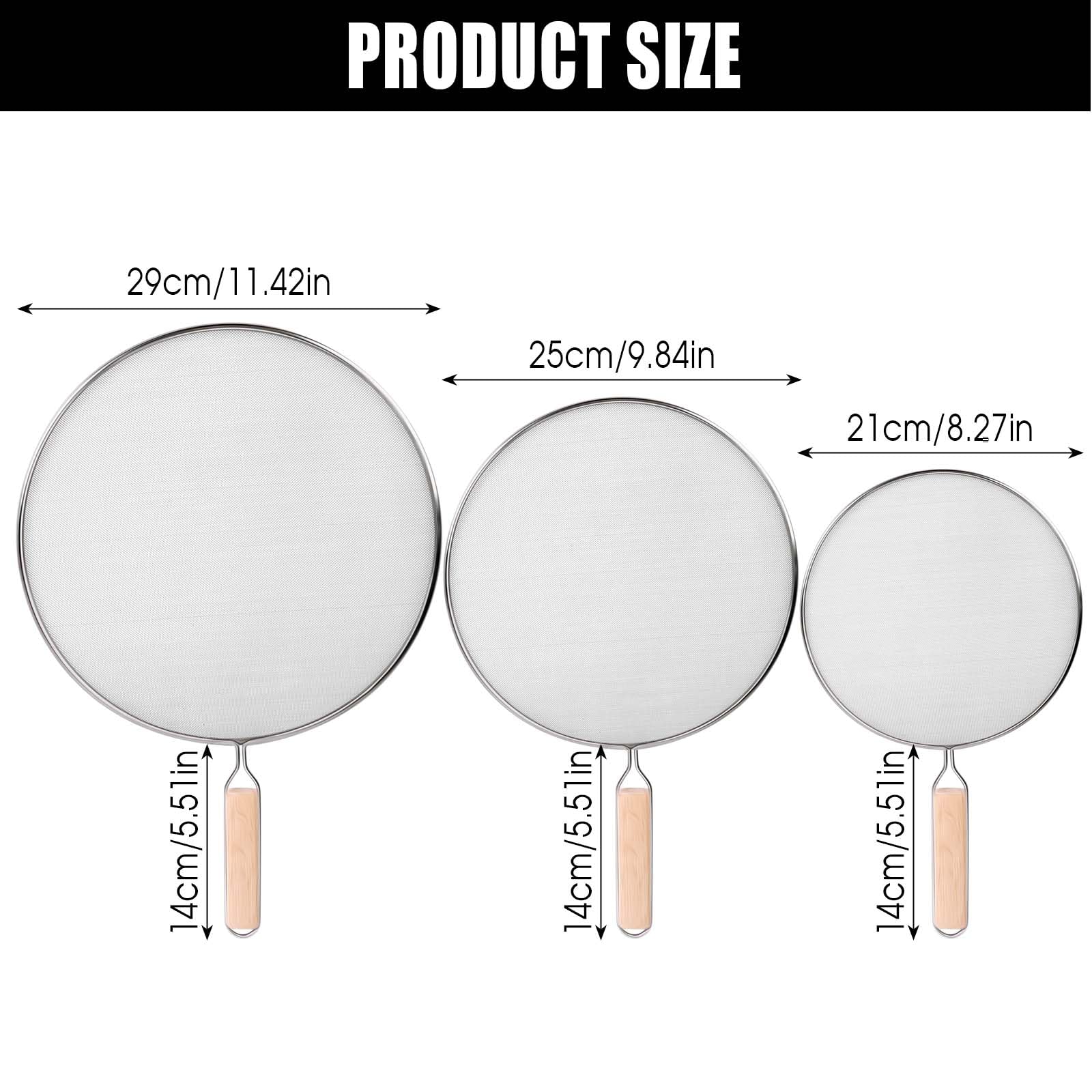 Dadabig 3 Piezas Tapa Antideslizante, Protector Pantalla Antisalpicaduras de Acero Inoxidable 304, Protector Salpicaduras con Mango, 21cm, 25cm, 29cm