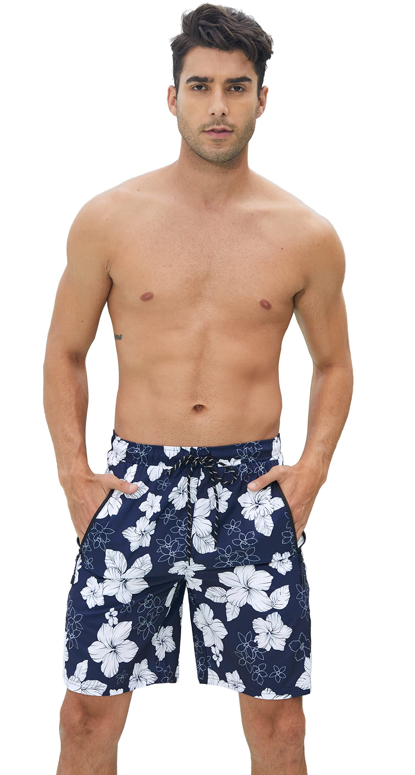 Ferriweel Mens Swim Trunks No Mesh Lining Quick Dry Printed Beach Shorts with Pockets Zip Blue Print A Large