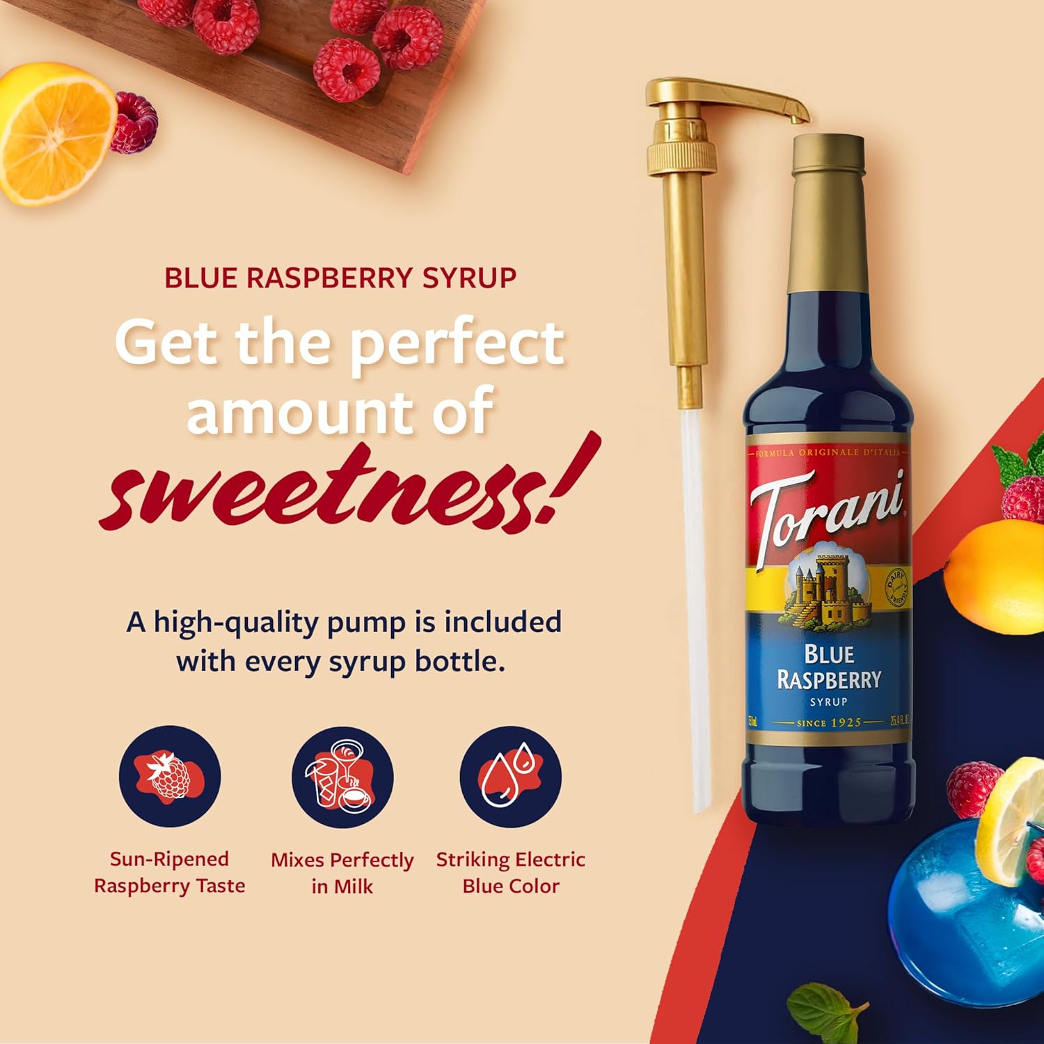 Torani Blue Raspberry Syrup for Drinks, Flavoring for Iced Tea, Lemonade, and Sodas, Pump Included, 25.4 Oz - Image 3