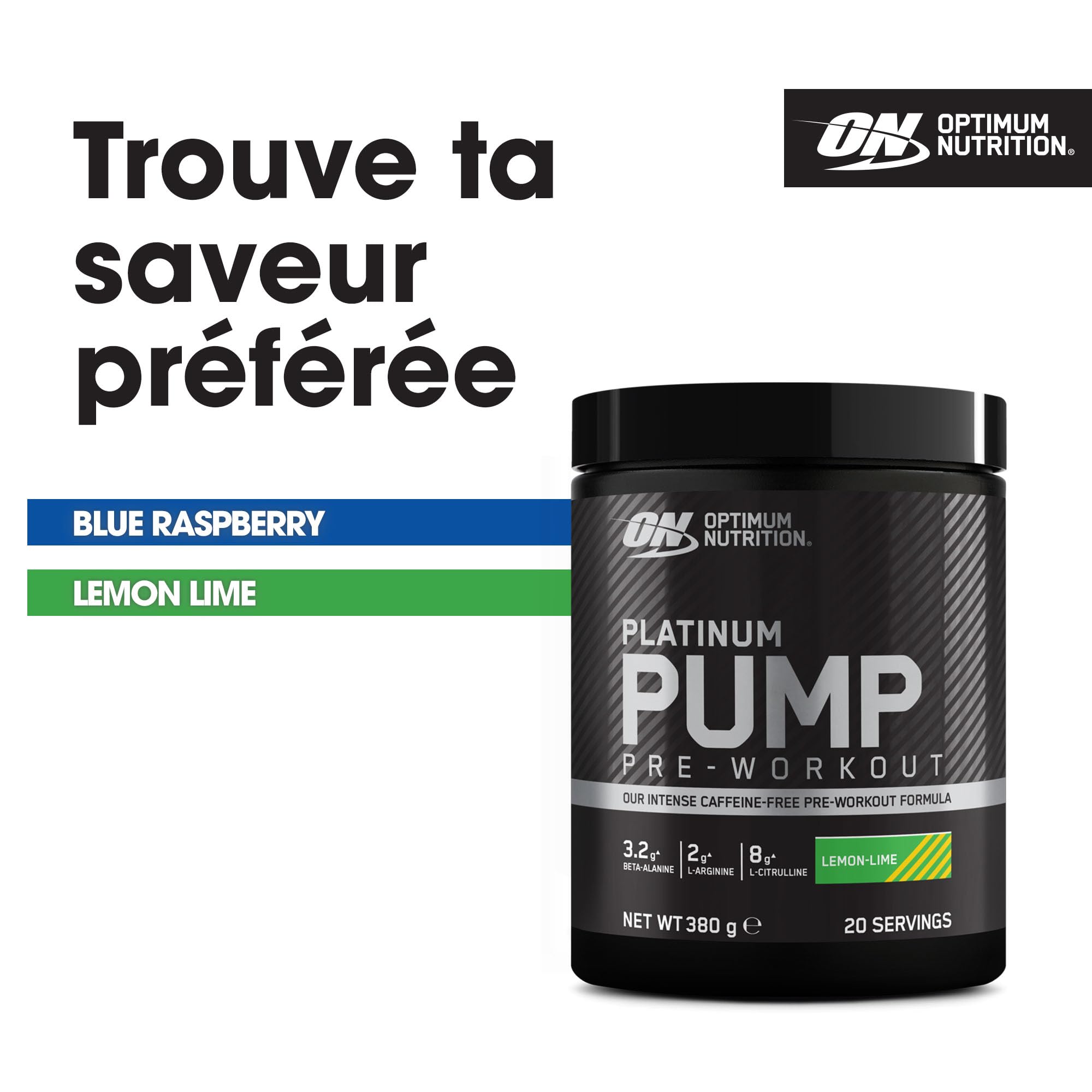 Optimum Nutrition ON Platinum PUMP, complément alimentaire pré-workout intense et sans caféine avec Fruitflow, Beta-Alanine, L-Arginine, L-Citrulline, saveur Citron - Citron vert, 20 portions, 380 g