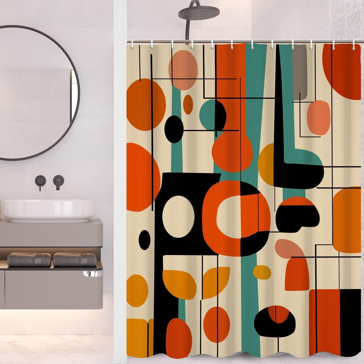 Boho Mid Century Shower Curtain Abstract Retro Colors Geometric Pattern Lines Bath Curtain Waterproof Polyester Fabric for Vintage Aesthetic Bathroom Bathtub Decor 72x78 Inch