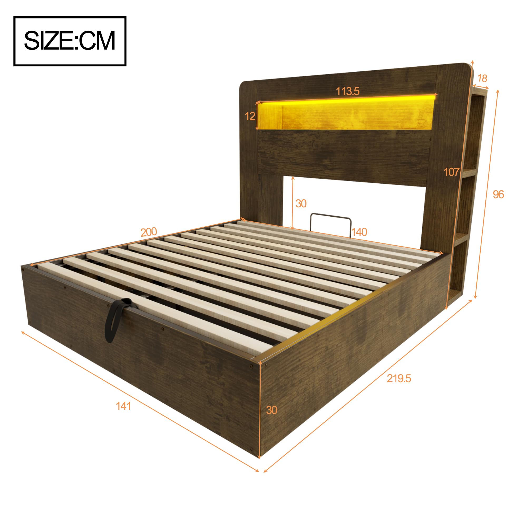 Camas Juveniles Cama 140x200 cm con Enchufe y USB, Camas Matrimoniales con LED y Cabecero de Almacenaje, Cama Doble con Almacenamiento Hidráulico, Somier de Madera, Sin Colchón, Madera Vintage