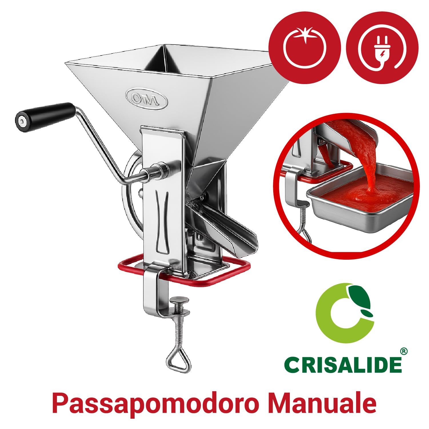 Crisalide® - Passapomodoro Manuale in Acciaio Inox con Guarnizione Salvatavolo in Plastica e Morsetto di Fissaggio, Dimensioni 17 x 22,5 x 30 cm