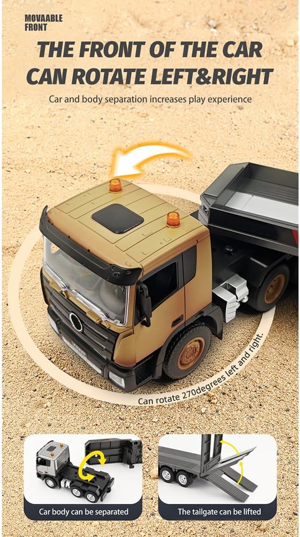 1/18 RC Flatbed Trailer Remote Control Truck, 2.4G 9CH Detachable Flatbed RC Trailer Truck with LED Lights Sound, Remote Control Construction Vehicle Model Gift for Adults -RTR