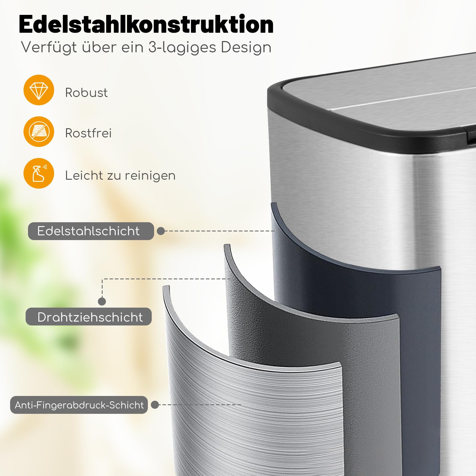 COSTWAY 46L Mülleimer Edelstahl, Küchenabfalleimer mit 2 Deckeln & Pedal & Griffe, Treteimer mit herausnehmbarem Inneneimer, Abfalleimer für Küche, Wohnzimmer, Badezimmer, Büro, 52 x 26 x 68 cm