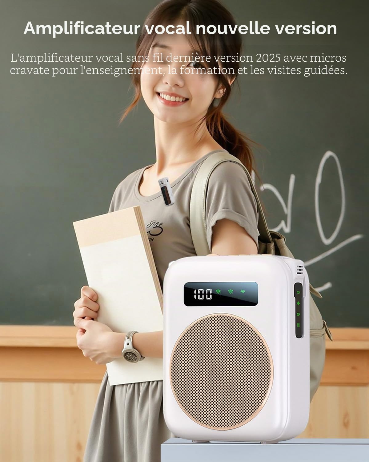 Amplificateur de Voix sans Fil Portable, Mini Amplificateur Vocal avec 2 Microphones à Revers, Beige