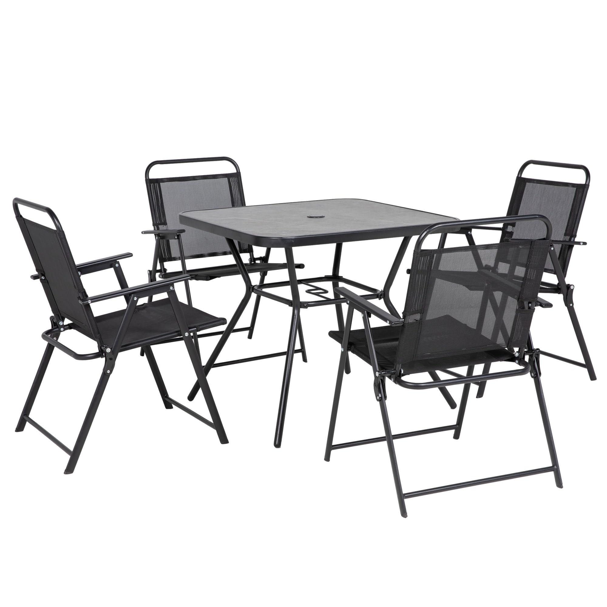 Outsunny - Conjunto de salón de jardín, 1 mesa cuadrada y 4 sillas plegables, 5 piezas para 4 personas, con agujero de sombrilla, de acero, negro