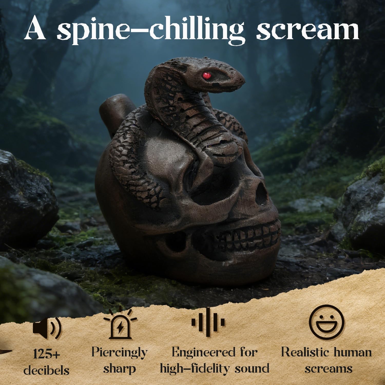 Screaming Aztec Death Whistle, Loudest 125+ Decibels, Authentic Human Sounding Screams Death Whistle Easy Blow Aztec War Whistle-Skull and Serpent Design