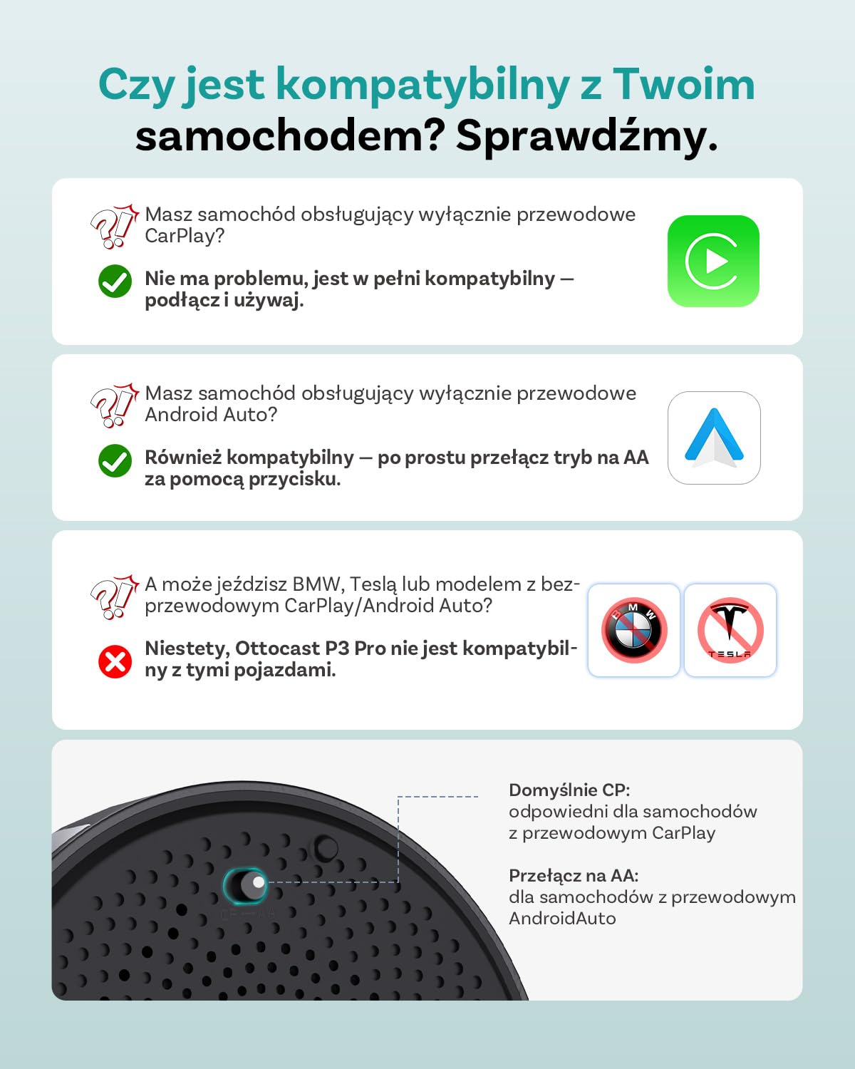 (2026 Nowy) OTTOCAST P3 Pro CarPlay AI Box, 3-w-1 Wireless Adapter CarPlay & Android Auto z Wyjściem HDMI, 8GB+128GB, Podział Ekranu, Aplikacje do pobrania, Aktualizacja OTA dla aut CP/AA przewodowych