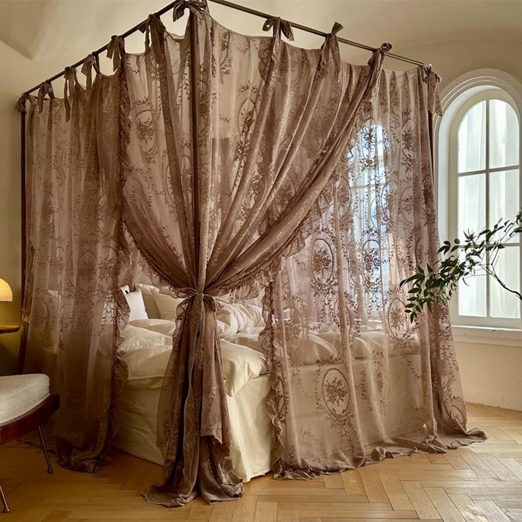 Genérico Elegante mosquitera de Encaje de Princesa con 4 Postes en Las Esquinas, romántica para niñas y Mujeres, Cortina de Cama con Dosel para Adultos, Bodas, dormitorios, Habitaciones de