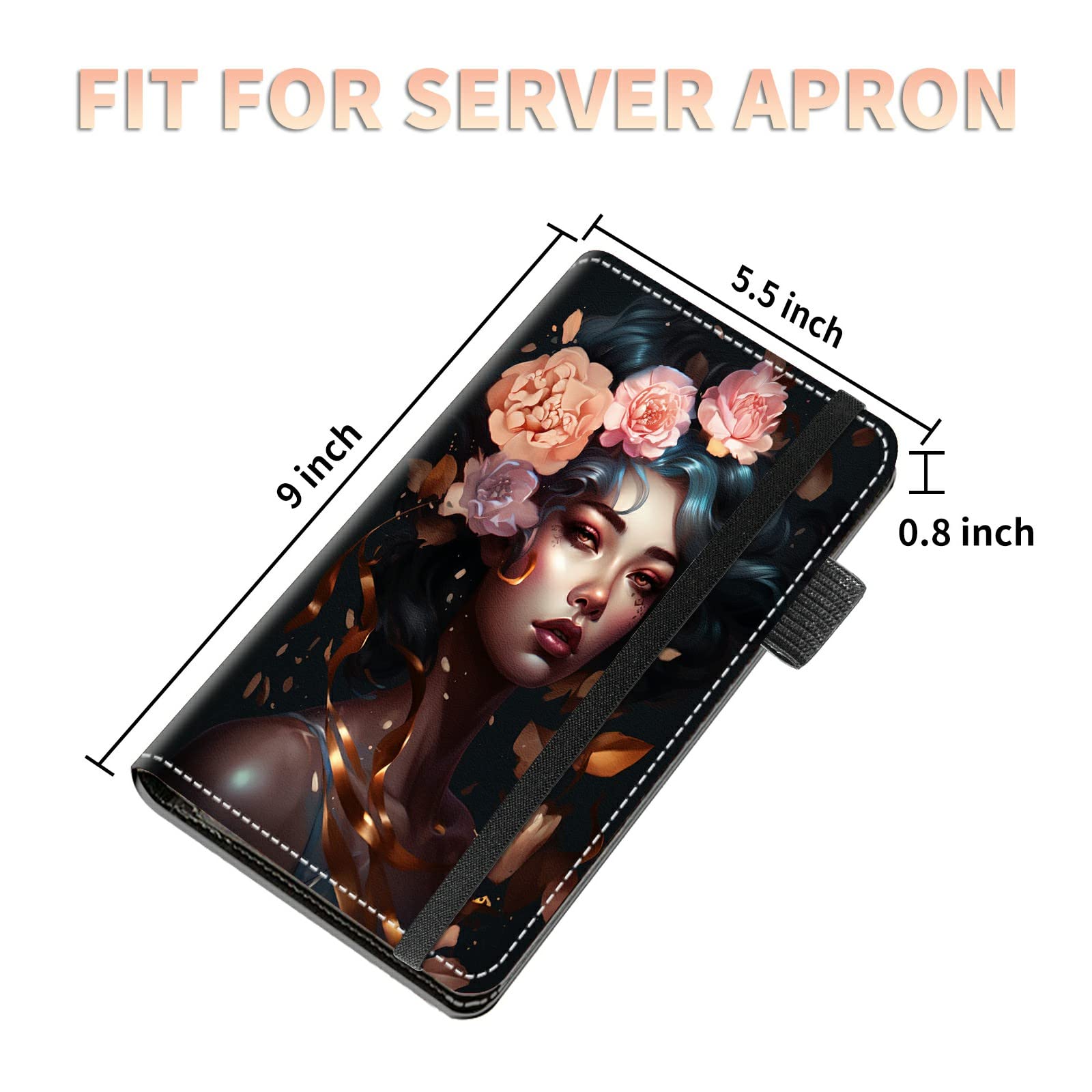 High Volume Server Books, Pretty Sugar Girl Server Book w/ 2 Expandable Pockets 9 x 5 Cute Waitress Book Zipper Pocket & Strap Closure Waitstaff Organizer Server Booklet Waiter Money Wallet