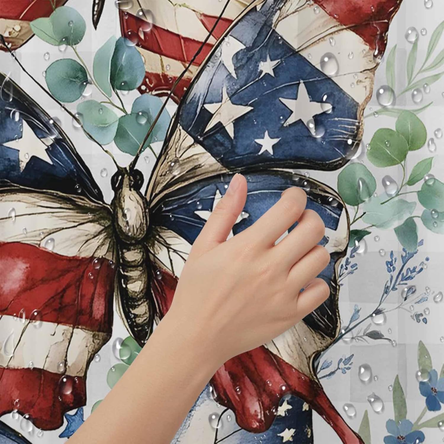 4th of July Shower Curtain Red Blue Stars Butterfly Bathroom Curtains with Hooks, Waterproof Eucalyptus Leaves Plaid Independence Day Shower Curtains Set for Bathroom Bathtubs Memorial Day 72x72