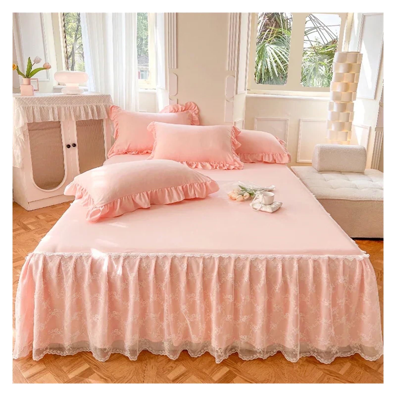 Solid Color Bed Skirt & Pillowcase Washed Cotton Wrap Around Bedskirt With Embroidered Lace White Pleated Ruffle Bed Sheet(6,180x200cm 3pcs)