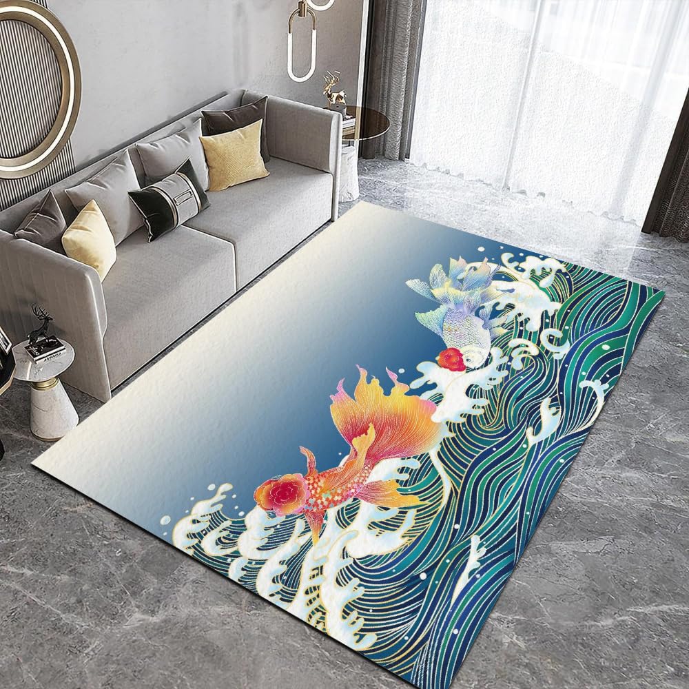 Tapis de Salon 180x240cm Vagues Poisson Rouge 3D Motif Velours Cristal Doux Tapis Kawaii Animaux Tapis de Chambre Doux et Moelleux, Tapis Lavable, Tapis Antidérapant Intérieur