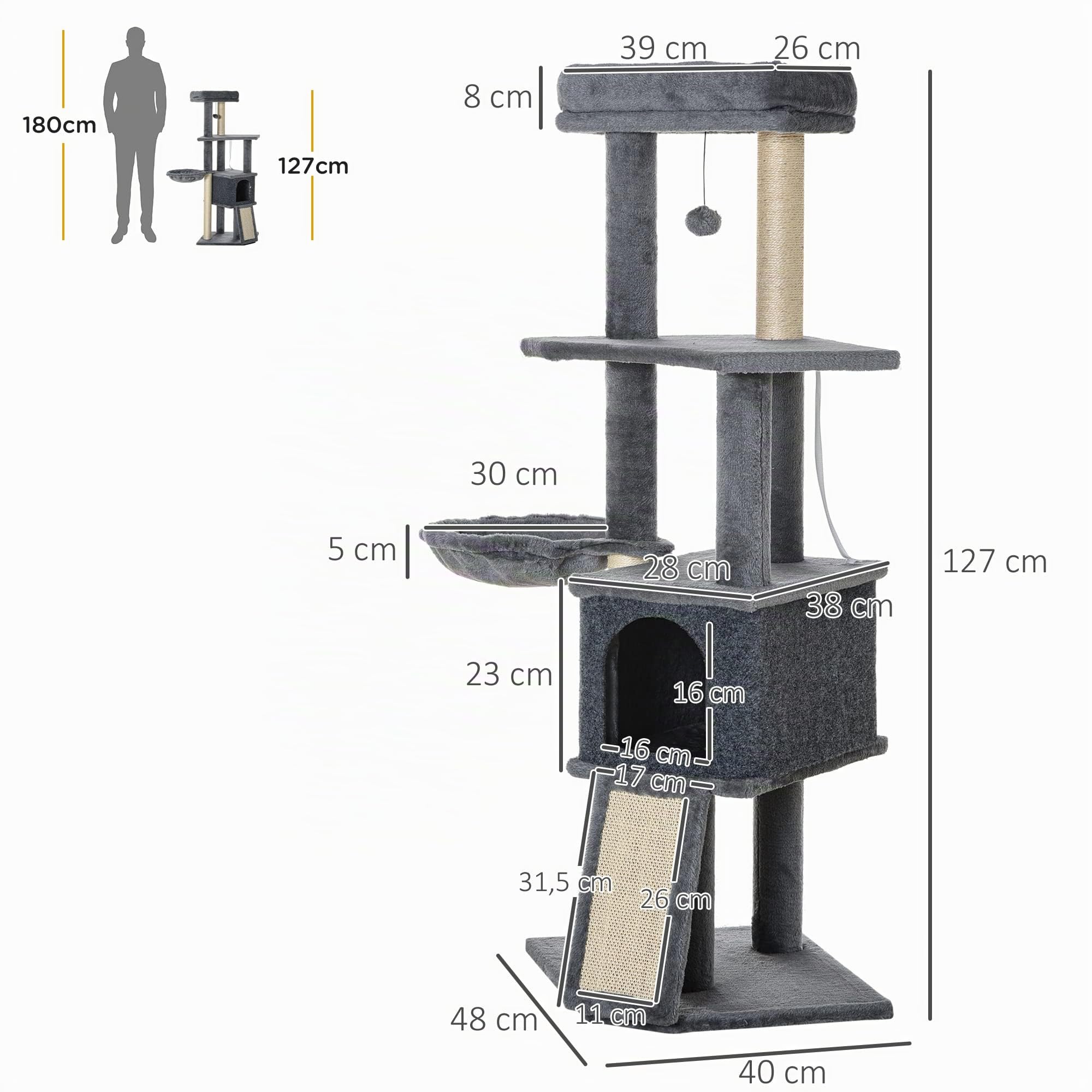 PawHut Árbol Rascador para Gatos 127 cm con Cueva, Hamaca y Cama Gris | Torre para Gatos, Plataformas, Rampa de Sisal, Bola Suspendida