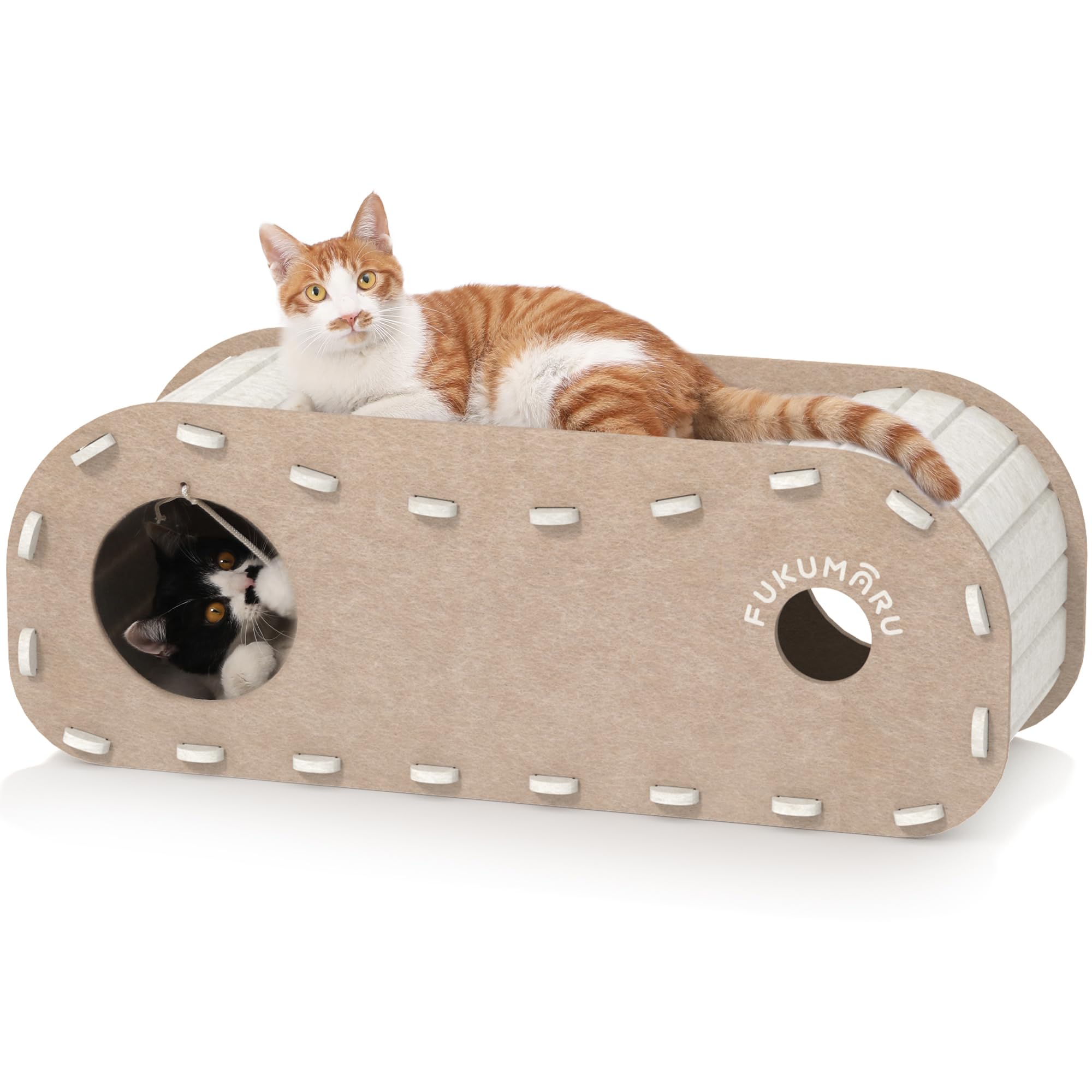 FUKUMARU Lit pour Chat d'intérieur, Grotte Extra Large pour Chat 80 cm Maison Confortable avec Boule Moelleuse à Suspendre, Lit cachette en Feutre résistant aux Rayures, Tunnel félin, Beige
