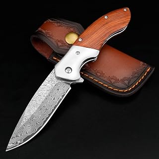 KOMWERO Damascus Pocket Knife, Sharp Damascus Steel Knife with Core VG10 Steel Blade Wood Handle, Folding Knife with Clip for Men Hunting, 60 HRC